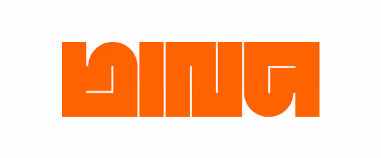 Markantes orangefarbenes Logo mit stilisierten, geometrischen Buchstaben.