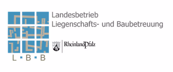 Logo des Landesbetriebs Liegenschafts- und Baubetreuung Rheinland-Pfalz mit grafischem Symbol aus blauen und beigen Rechtecken.