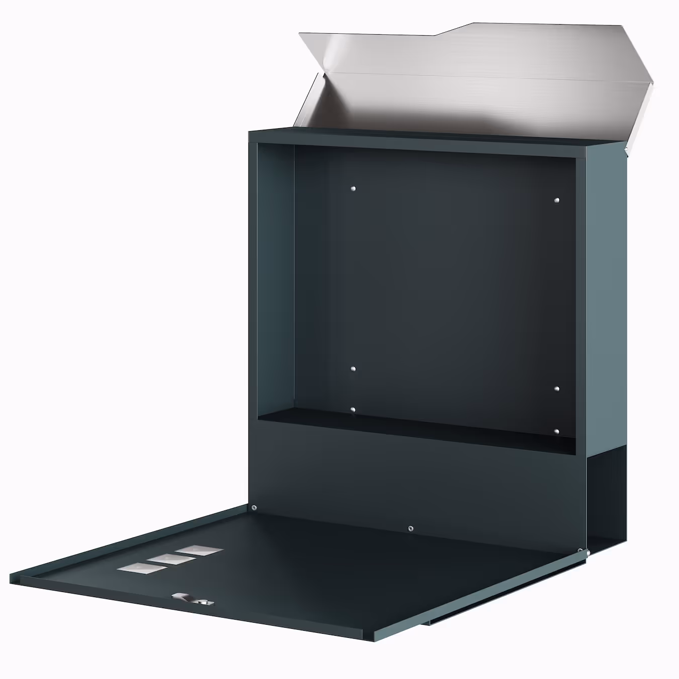 Geöffneter moderner Briefkasten aus dunklem Metall mit silberner Klappe oben.