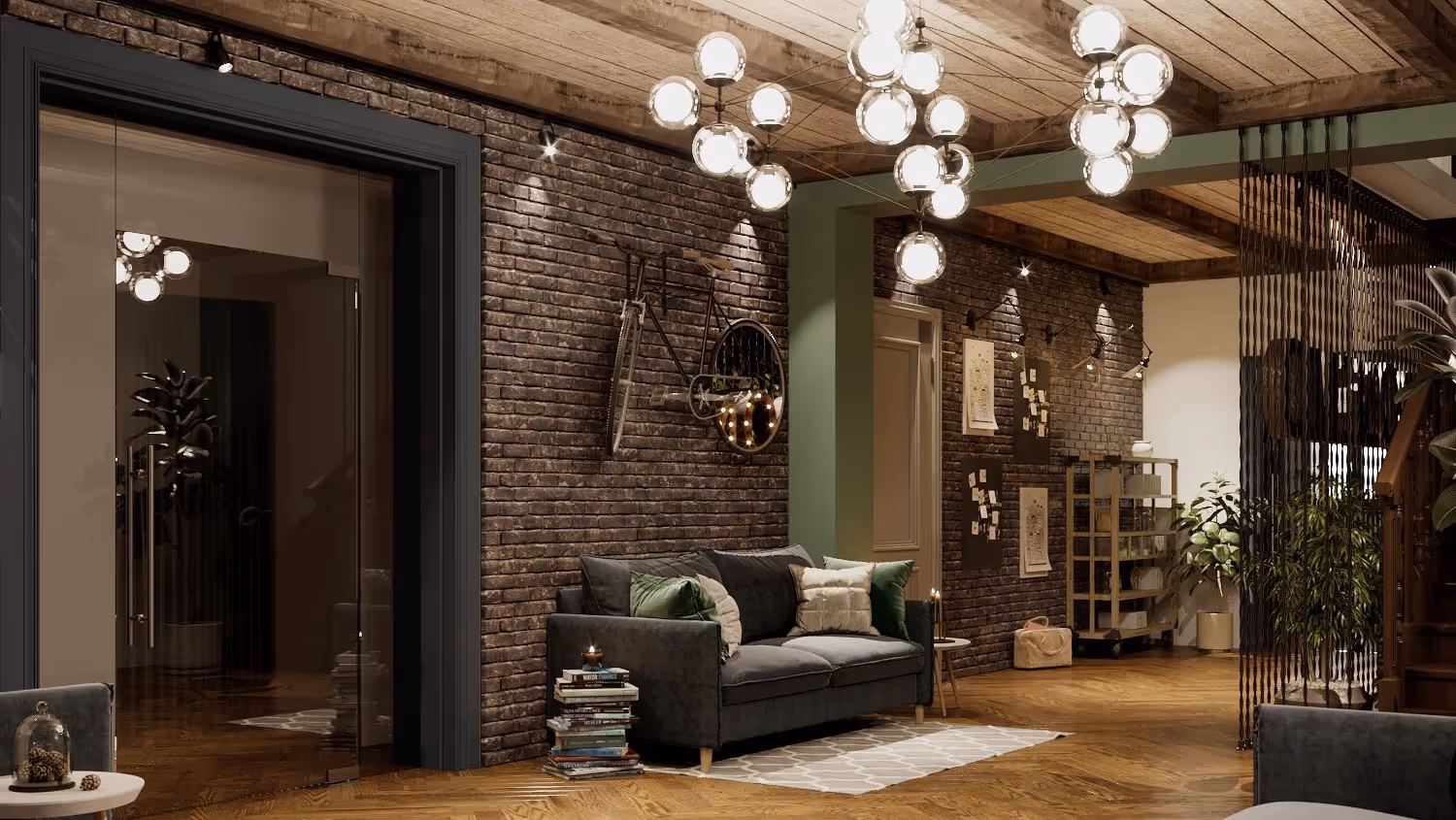 3D Visualisierung eines Einfamilienhauses von innen: modern und rustikal
