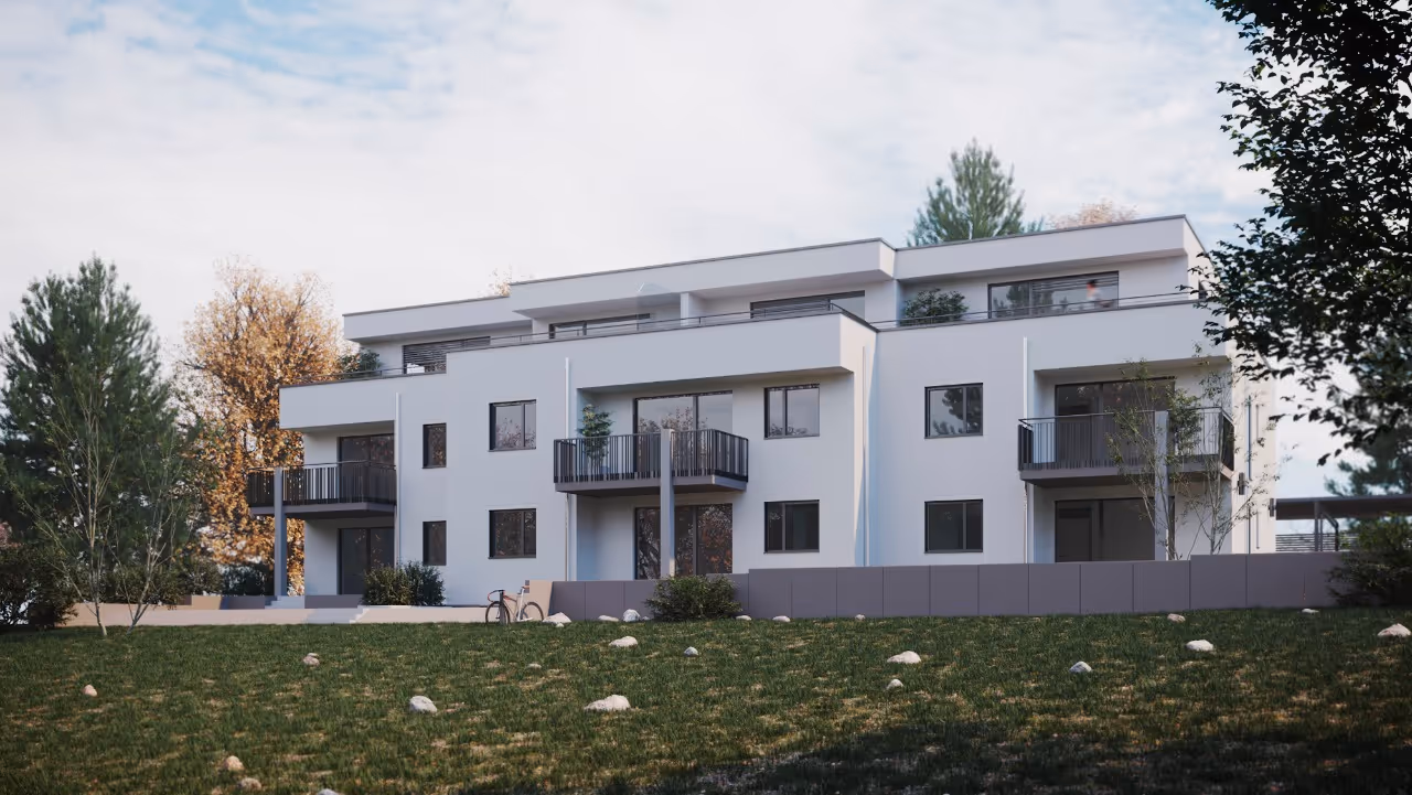 3D Architekturvisualisierung Exterior: Mehrfamilienhaus mit Parkdach