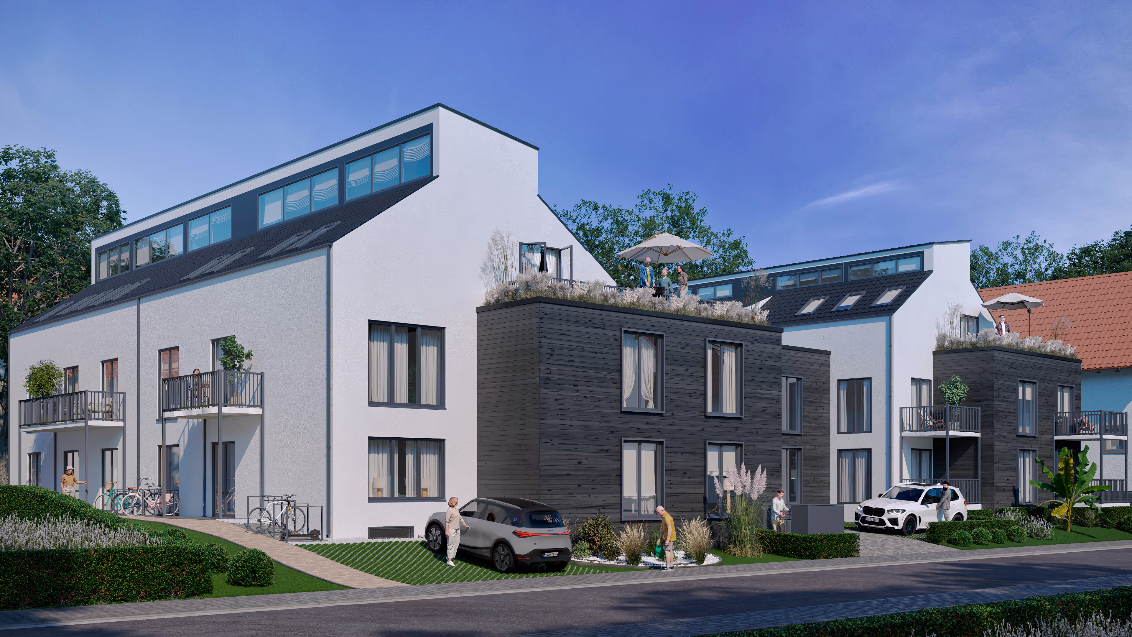 3D Architekturvisualisierung Exterior: Wohnanlage mit Holzfassade