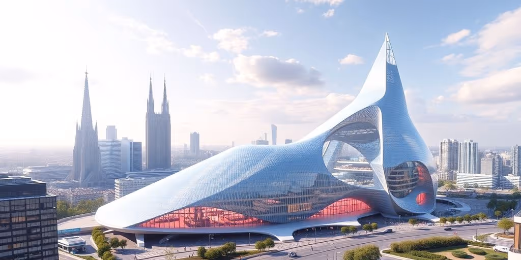 Futuristische 3D-Architektur über der Kölner Skyline.
