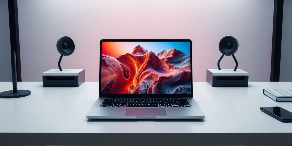 Hochwertiges Bild eines MacBook Pro M1 mit 3D-Grafiken.