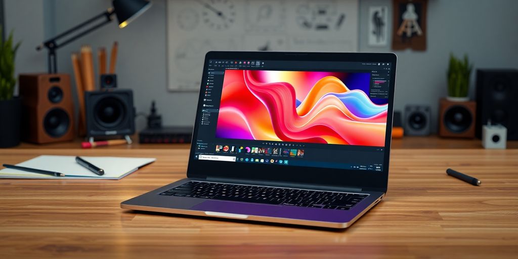 Hochwertiger Laptop in kreativem Arbeitsumfeld für Rendering