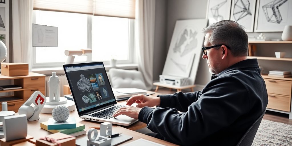 Designer arbeitet mit Sketchup Make an einem Laptop.
