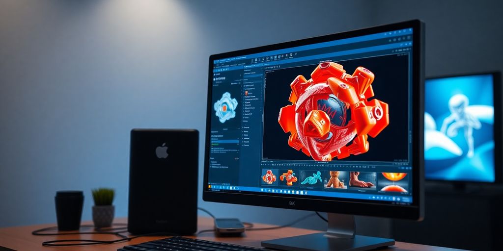 Realistische Darstellung eines Arbeitsplatzes mit Rendering-Software.