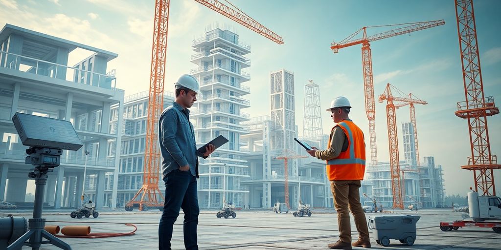 Futuristische Baustelle mit 3D-Scan-Technologie in Aktion.