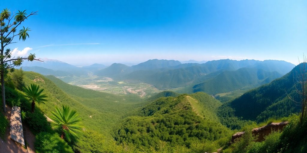360 Grad Landschaftsaufnahme mit Bergen und Grünflächen.