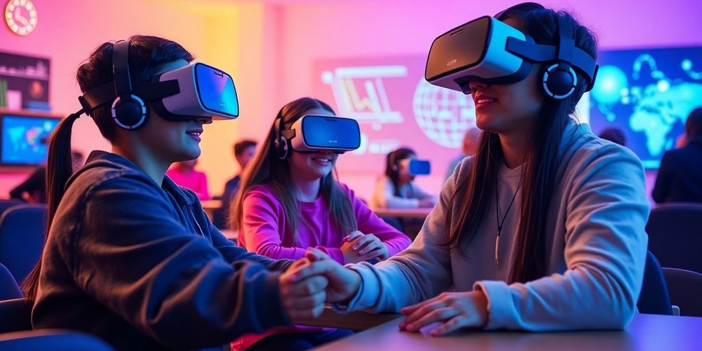 Schüler im VR-Klassenraum mit Headsets und interaktiven Inhalten.