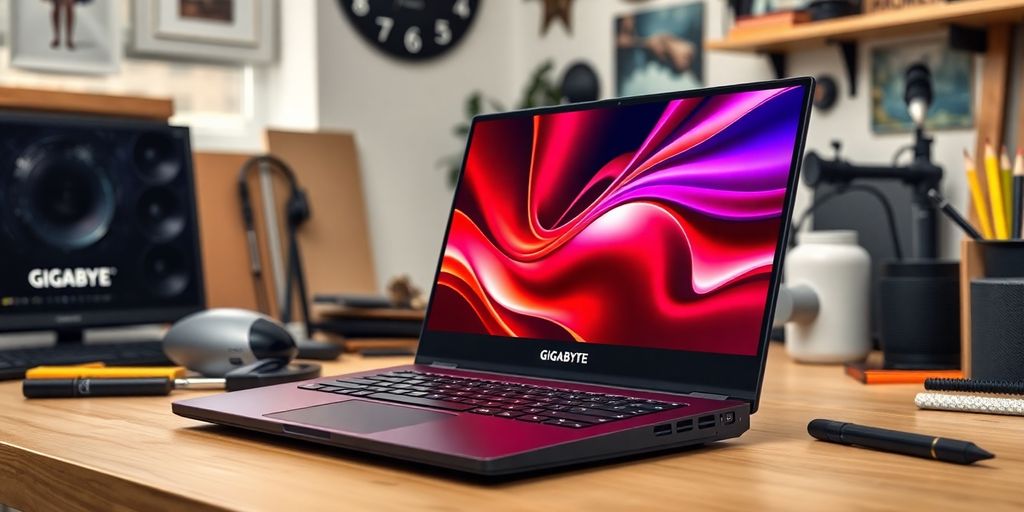 Hochwertiger Gigabyte AERO 15 OLED Laptop in kreativem Arbeitsbereich.