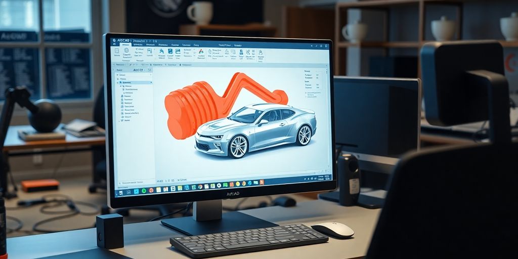Hochwertige Fotografie eines AutoCAD-Arbeitsplatzes mit 3D-Modell.
