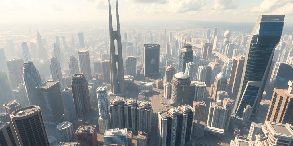 Futuristische Stadtansicht in hochauflösendem 3D-Rendering.