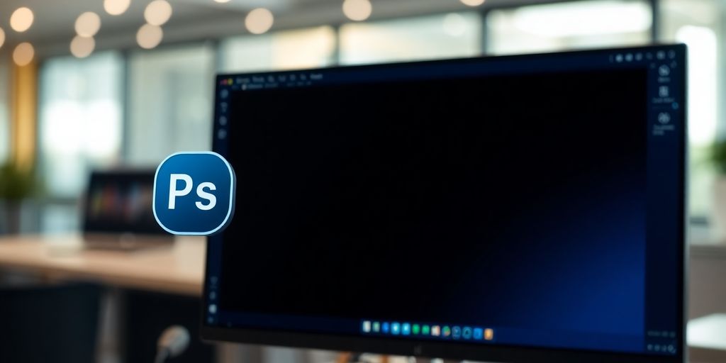Photoshop-Logo auf Bildschirm mit WebP-Symbol