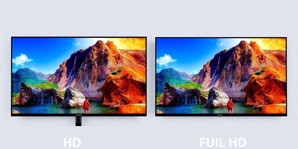 Nebeneinander liegende Bildschirme mit HD- und Full HD-Auflösung.