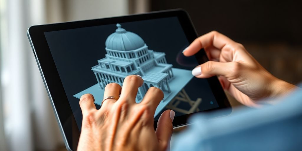 Nahaufnahme von Händen, die Software auf Tablet bedienen