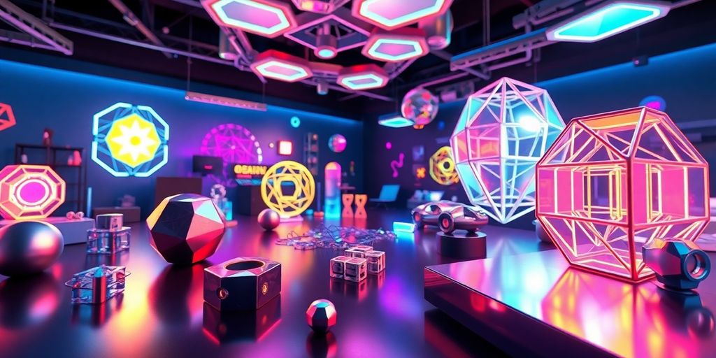 Virtueller Arbeitsbereich mit leuchtenden 3D-Modellen, Design-Tools