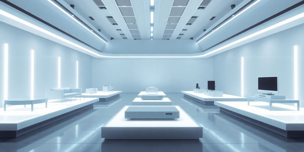Virtueller Ausstellungsraum mit 3D-Produkten, futuristisch, hell beleuchtet.