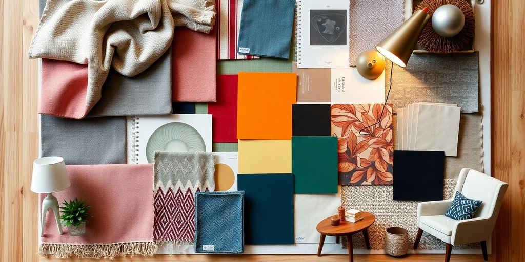 Moodboard mit Stoffproben, Farbkarten, Möbelminiaturen, Beleuchtungsideen