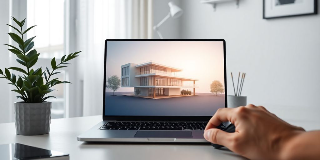 Laptop mit 3D-Rendering, Hand auf Maus, heller Schreibtisch, Pflanze, Tageslicht