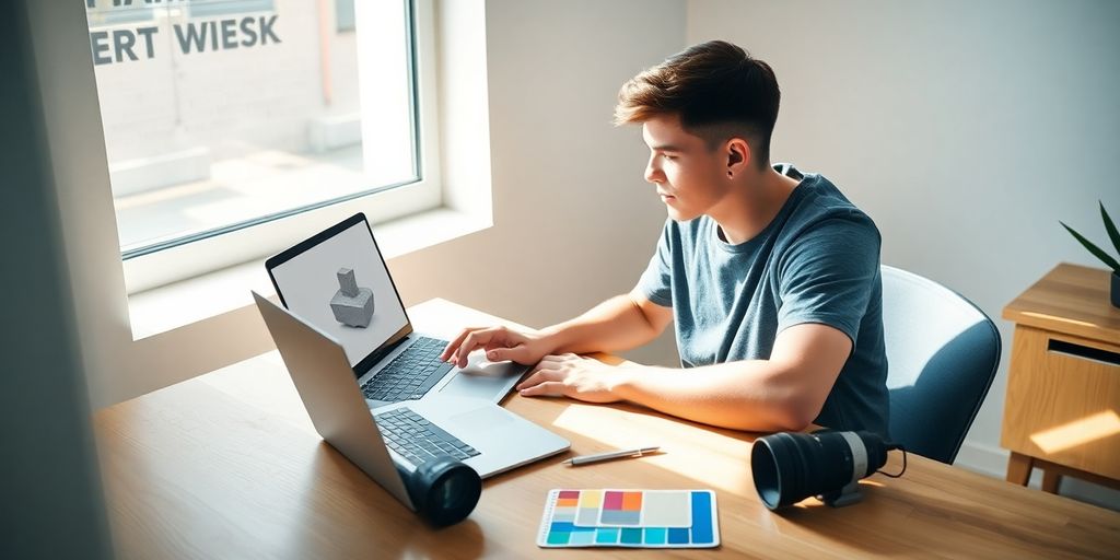 Student arbeitet an 3D-Render auf modernem Laptop im hellen Arbeitszimmer