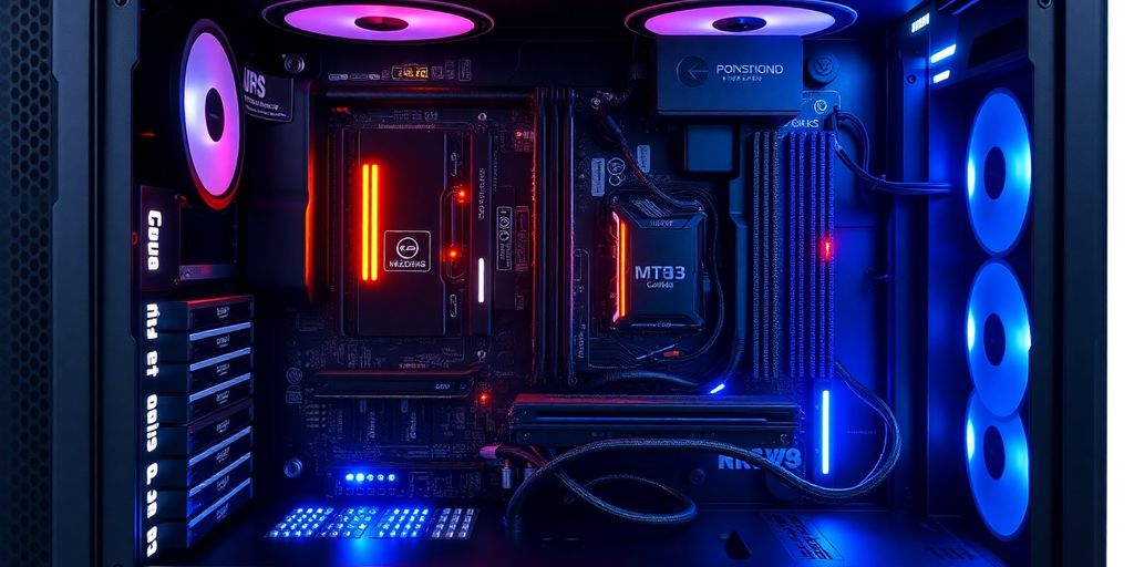 Offenes High-End-Motherboard mit vier RAM-Steckplätzen, M.2-Laufwerken, Grafikkarte, Wasserkühlung und LED-Beleuchtung.