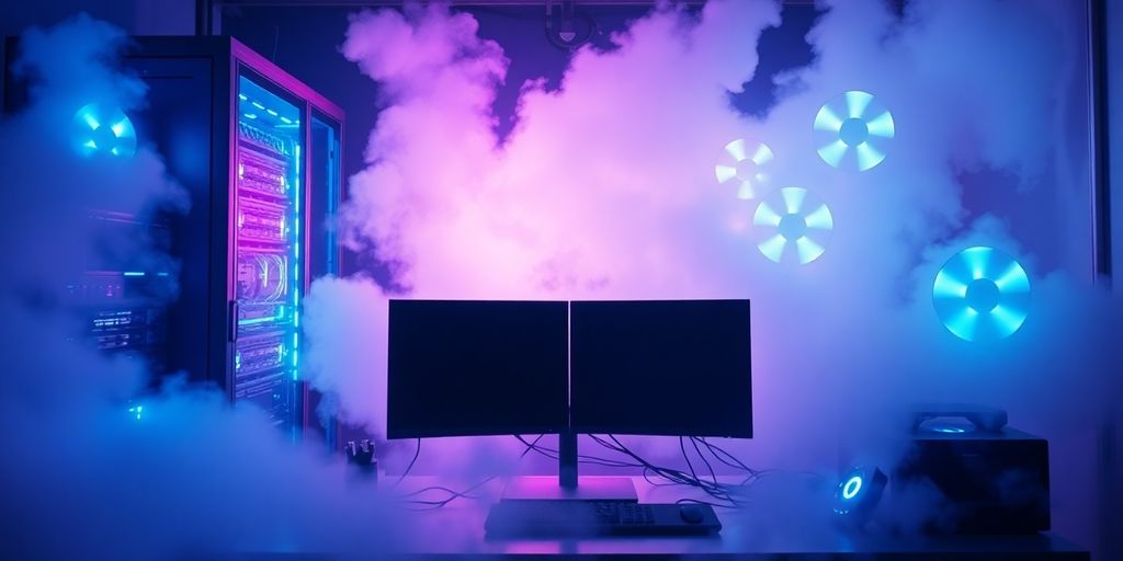 Realistische Cloud-Rendering-Station mit leuchtenden Serverlichtern und PC in modernem Studio-Setup