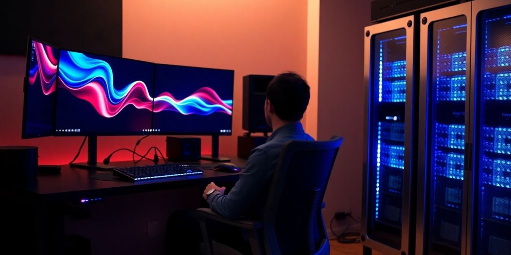 Kreativer Animator an professioneller Workstation vor leuchtenden Serverracks und Bildschirmen