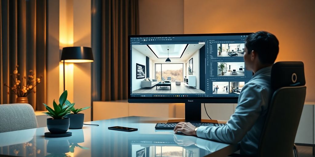 Designer am Schreibtisch vor hellem, großem Monitor mit realistischer 3D-Innenraumdarstellung