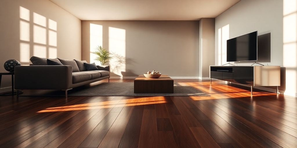 Modernes Wohnzimmer mit Tageslicht, Schatten, glänzenden Oberflächen und feinen Texturen