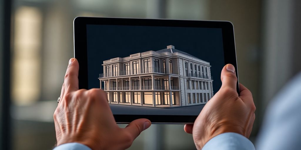 Hände halten Tablet mit 3D-Modell