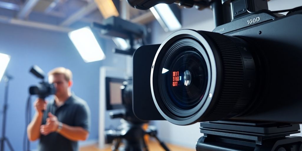 Professionelle Videoproduktion mit Kamera und Lichtern.