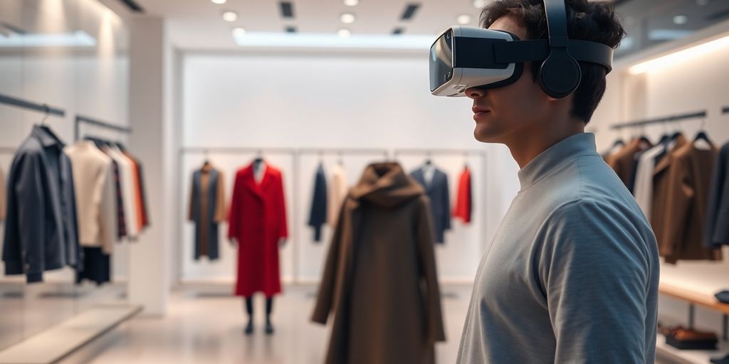 Person trägt VR-Headset in modernem Einzelhandelsgeschäft.