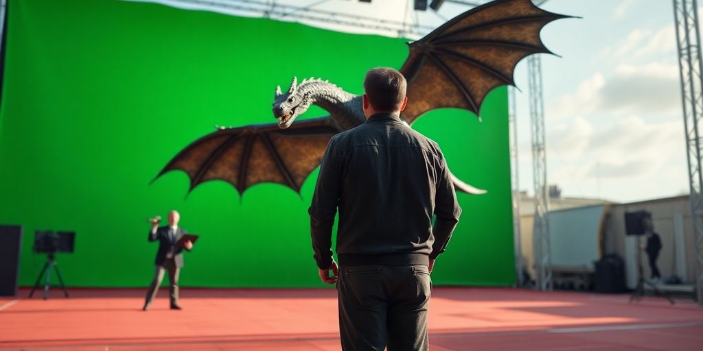Filmemacher vor Greenscreen mit CGI-Drachen