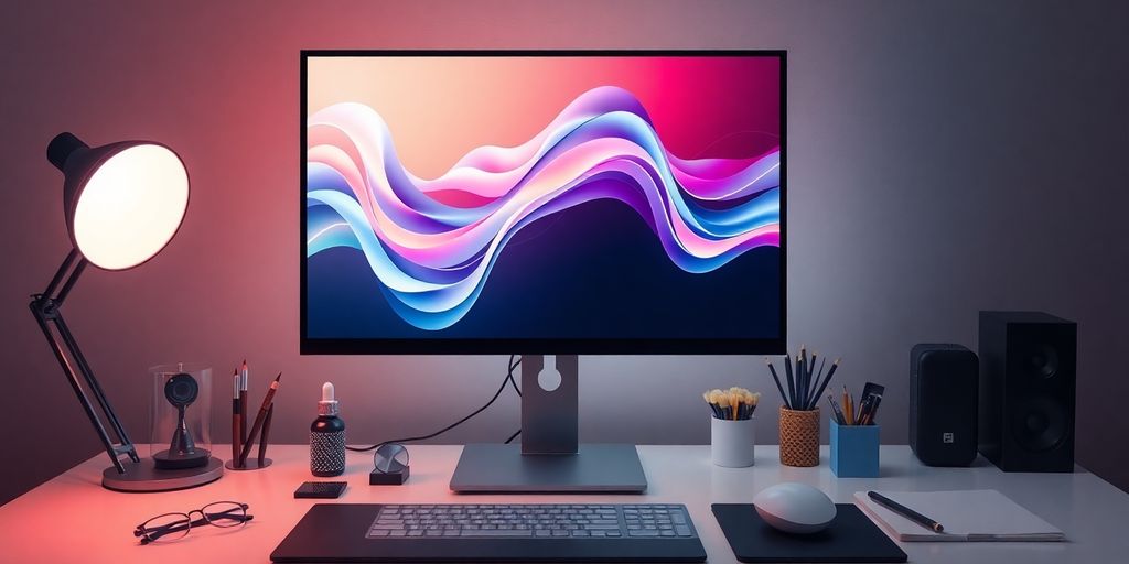 Moderne Webdesign-Elemente, Computermonitor, kreative Werkzeuge.