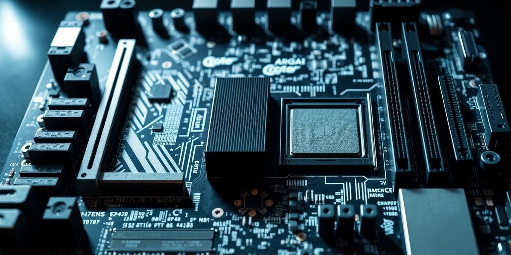 Hochwertiges Motherboard mit sichtbaren Komponenten.