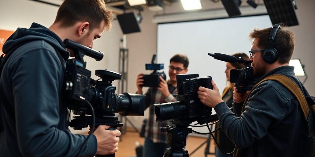 Ein professionelles Kamerateam dreht ein Erklärvideo.