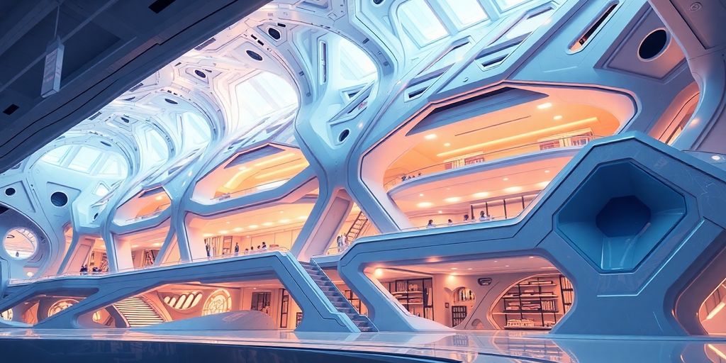 3D-Modell eines futuristischen Gebäudes in dynamischer Animation.