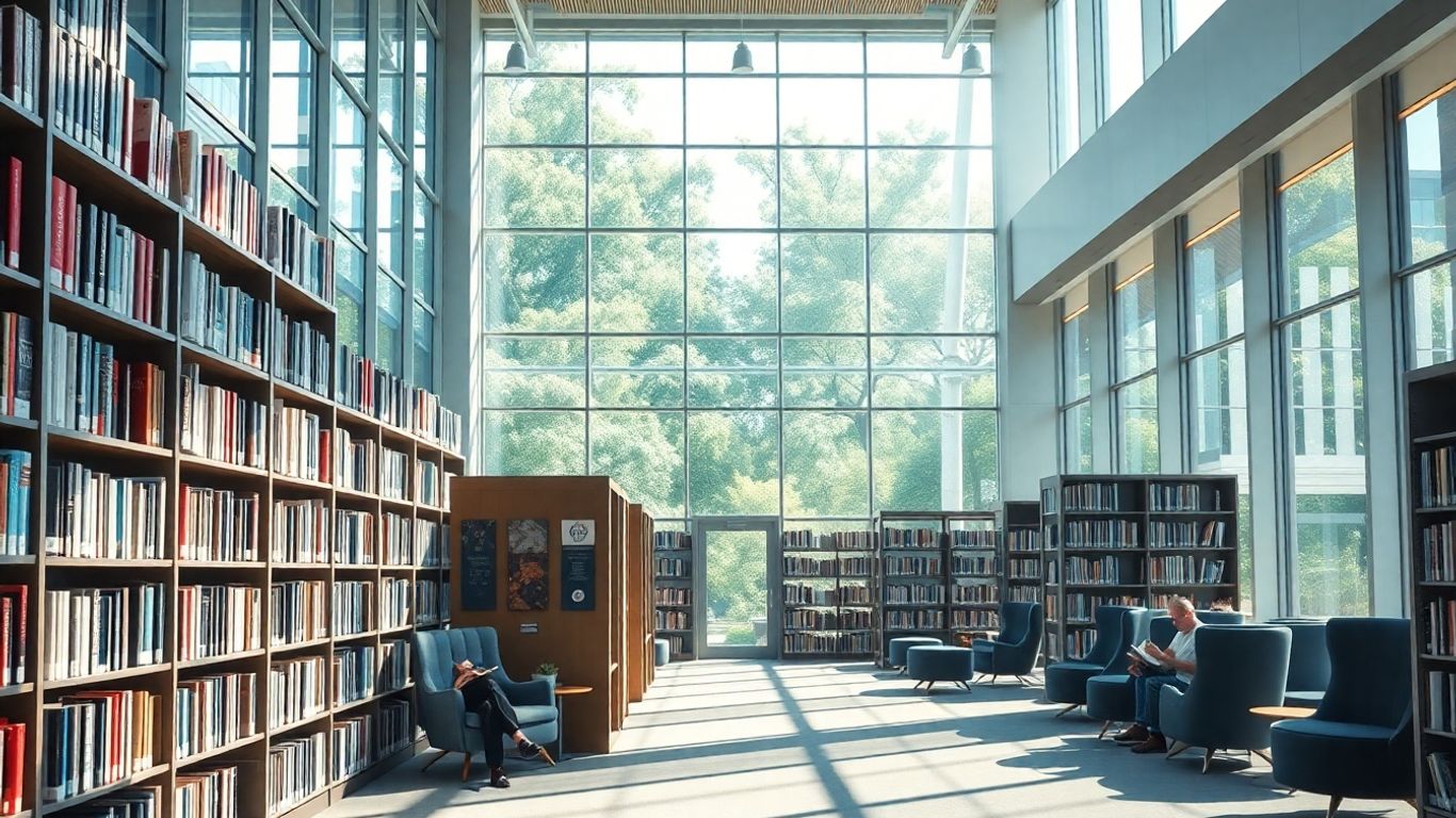Moderne Bibliothek mit Bücherregalen und Lesebereichen