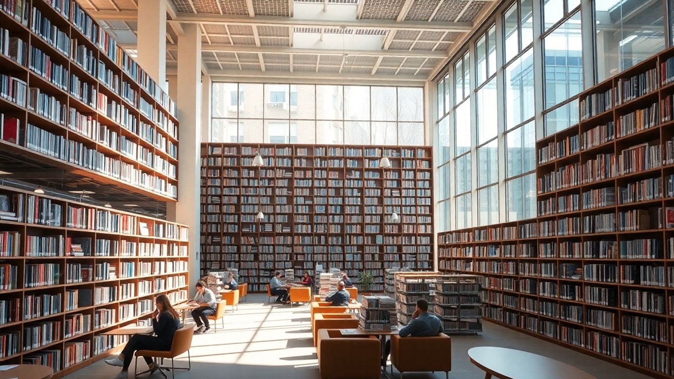 Moderne Stadtbibliothek mit Bücherregalen und Lesebereichen.