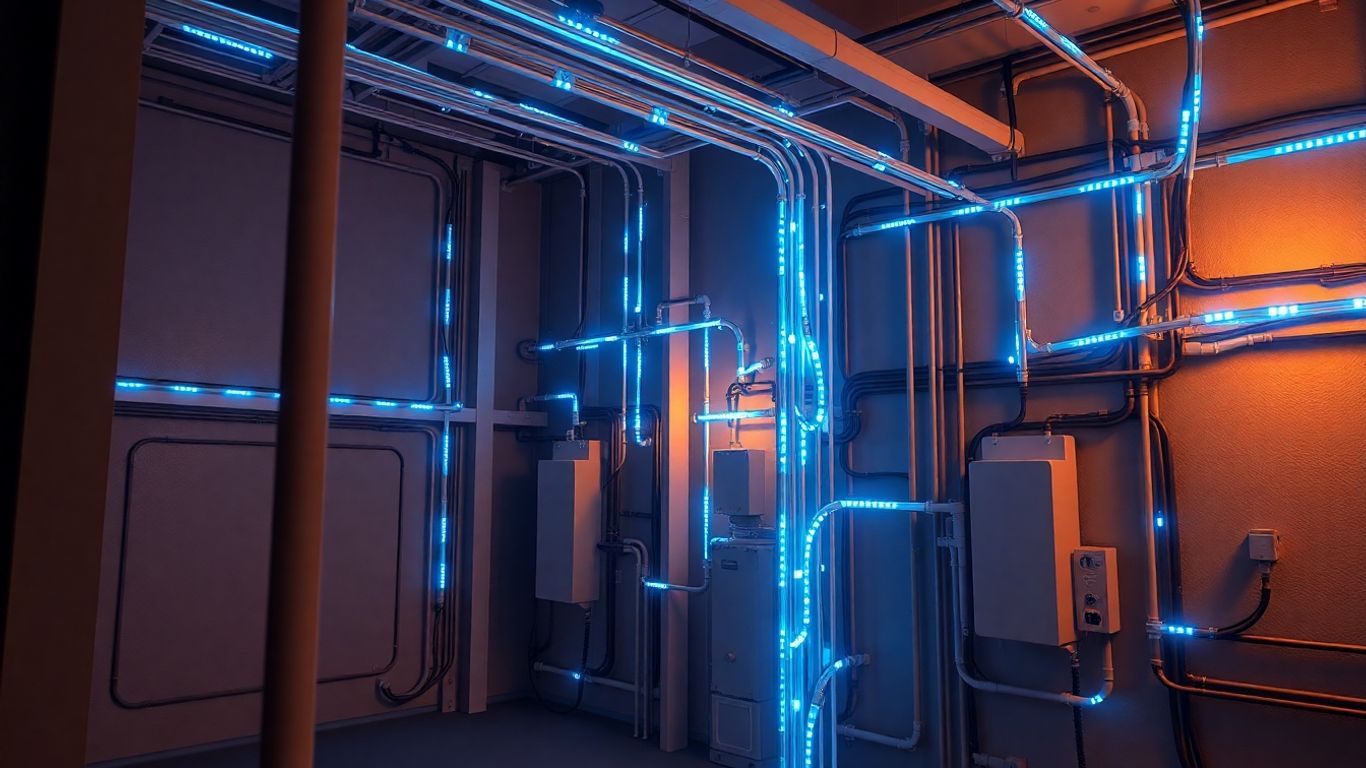 3D-Modell eines Stromsystems mit leuchtenden Leitungen.