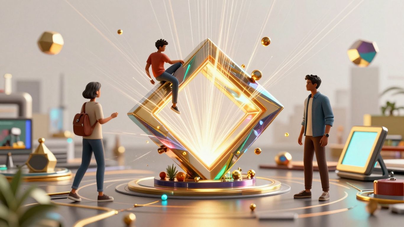 Dynamische 3D-Animation mit leuchtenden Elementen und komplexen Formen.