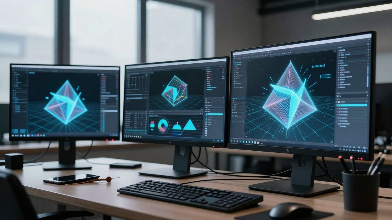 Digitale Arbeitsplatz-Visualisierung mit 3D-Modellen und Licht.