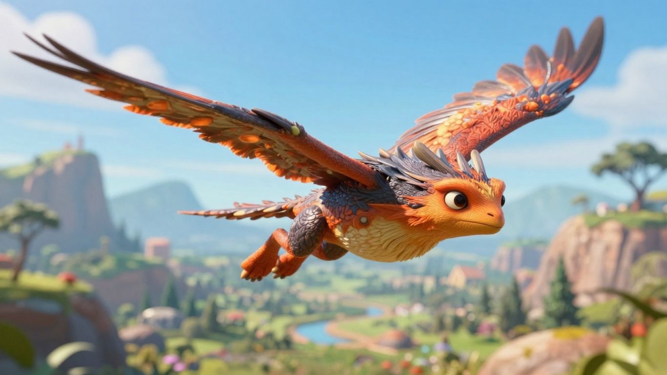 3D Animation Kreatur fliegt über Landschaft