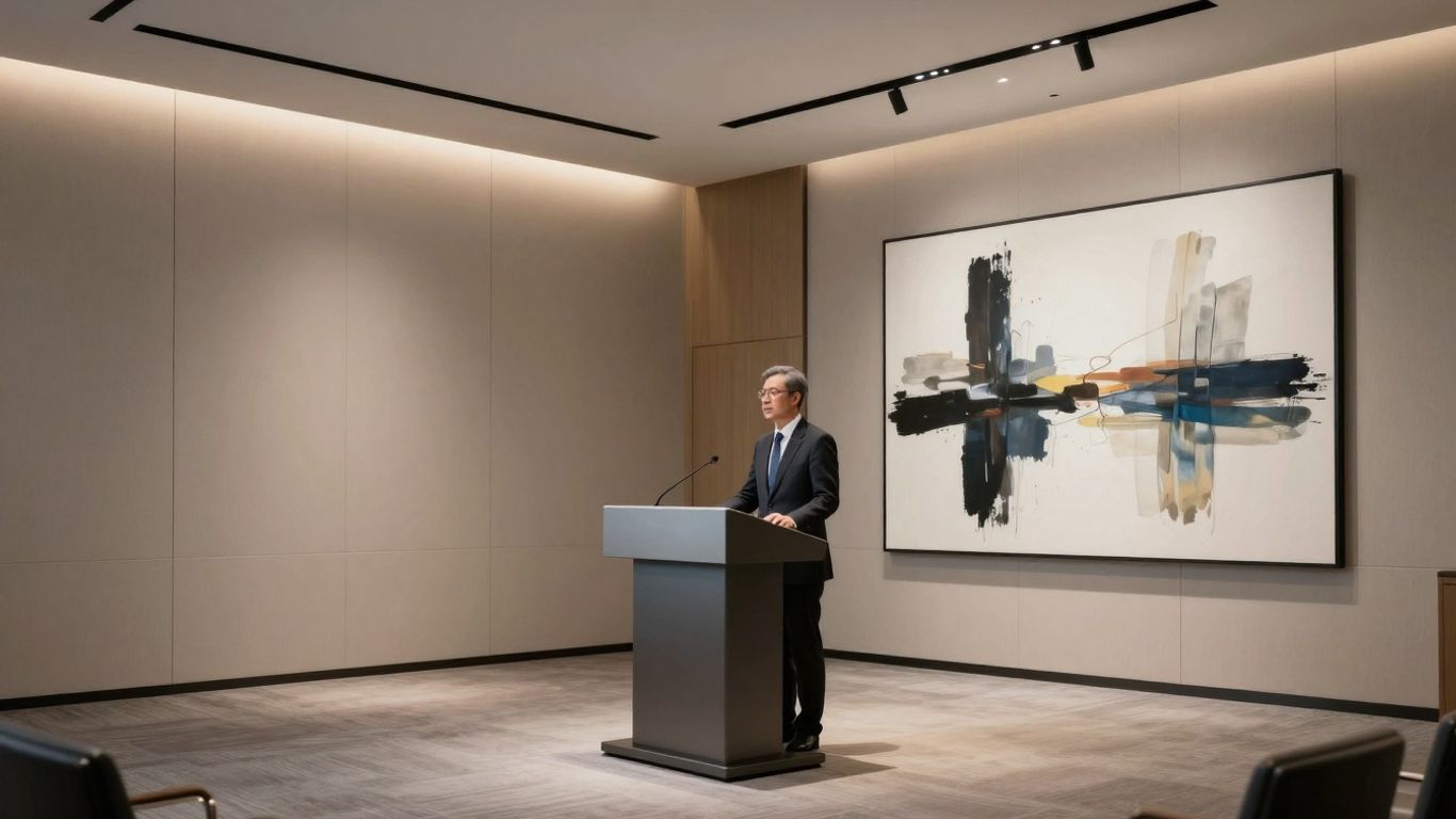 Moderne Konferenzraum-Präsentation mit Podium und Kunstwerk.