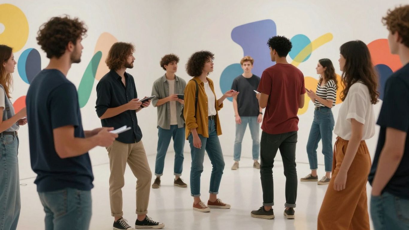 Menschen interagieren mit bunten visuellen Elementen.