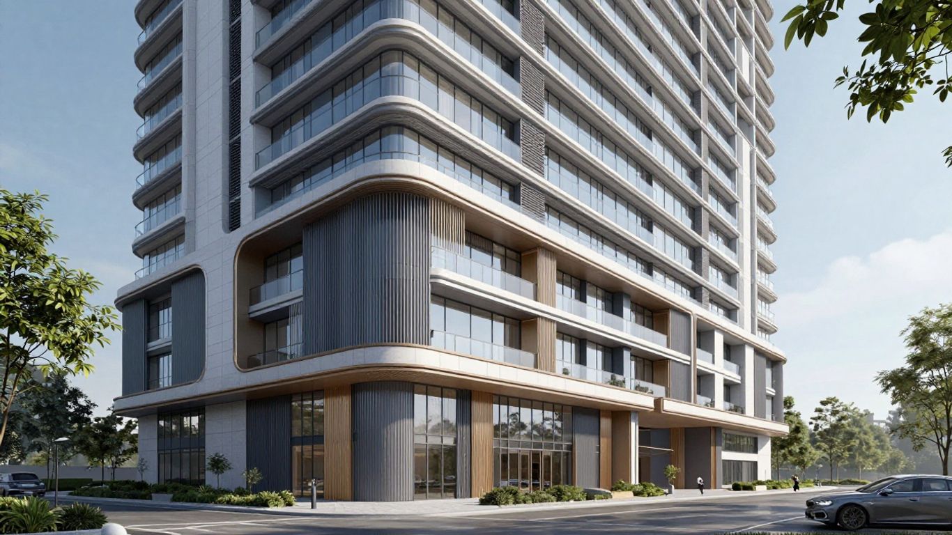 Moderne Architekturvisualisierung eines Gebäudes im Tageslicht.