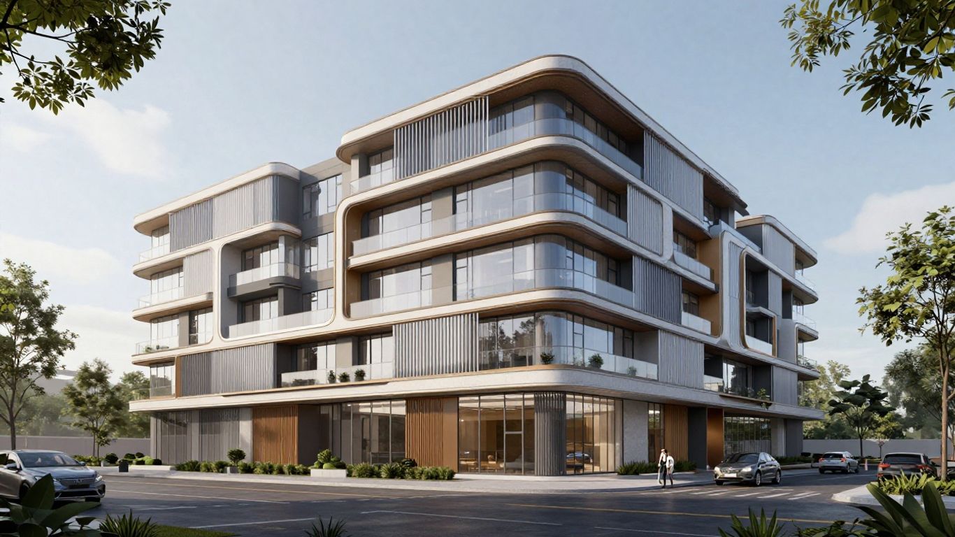 Moderne Architektur-Visualisierung eines Gebäudes im Tageslicht.