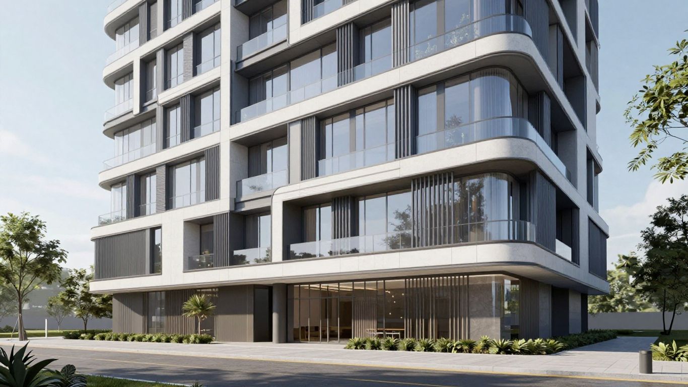 Moderne Architektur mit KI-Elementen im Tageslicht.