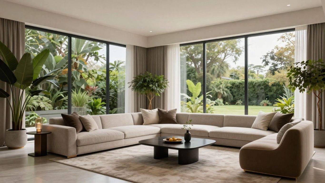 Modernes Wohnzimmer als fotorealistische Architekturvisualisierung mit VR-Stil.